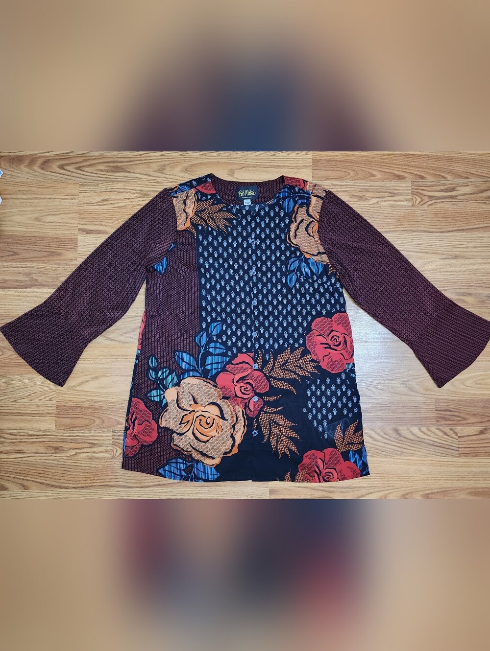 Bob Mackie Wearable Art Tunic Womens S Fall Floral Boho Bell Sleeve Button Top